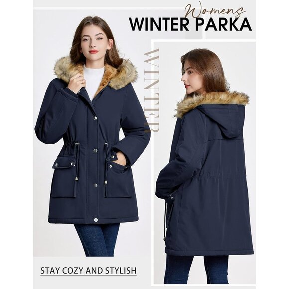 Women Winter Coats Fleece Lined Parka Jackets Hooded Warm Thicken Coat With Pock - Picture 4 of 6